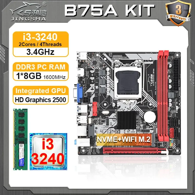 JINGSHA LGA 1155 ITX B75 MS Motherboard Kit with processor i3 3240 and 8GB DDR3 Memory B75 placa mae ram Set combo