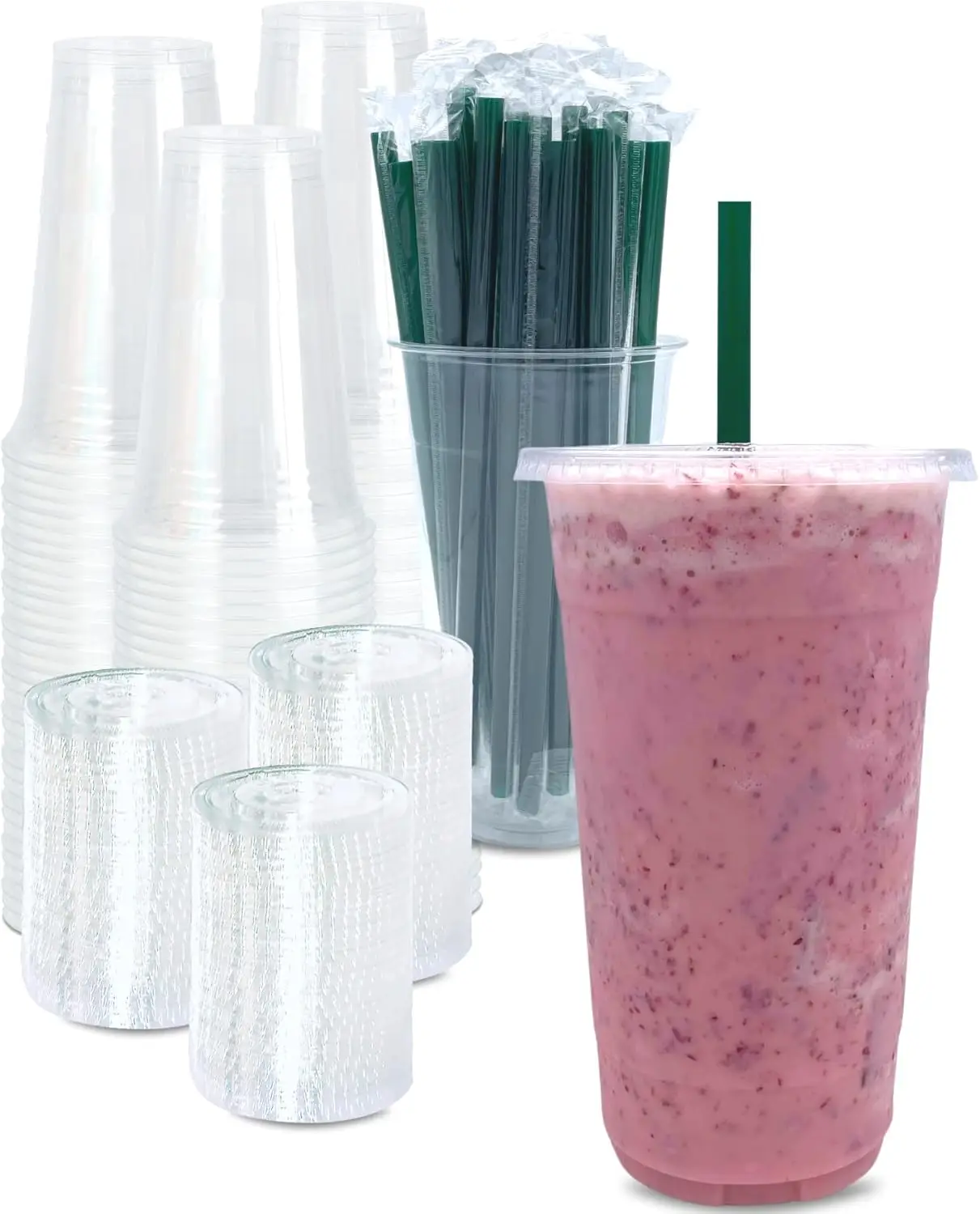 

[100 SETS] 32 oz Clear Plastic Cups with Lids and STRAWS, Disposable Drinking Cups for Cold Drinks, Iced Coffee, Milkshakes, Smo