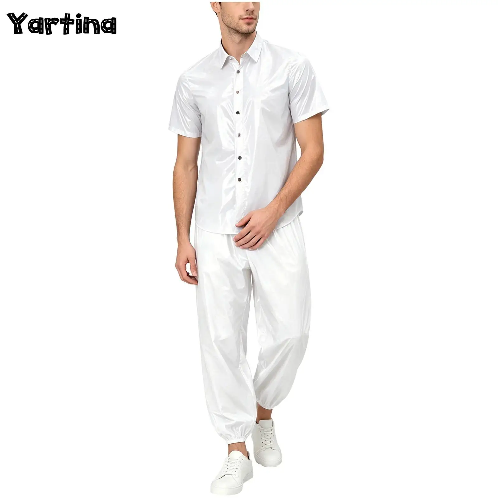 Men's Waterproof Shiny PVC 2 Piece Outfit  Tracksuit Short Sleeve Button Shirt Drawstring Pants Set Rainwear Sauna Sweat Costume