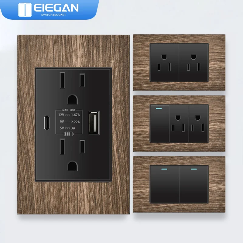 

ЭЛЕГАН, черный настенный выключатель в стиле ретро под дерево, быстрая настенная розетка типа C, американская мексиканская электрическая розетка с зарядным устройством USB