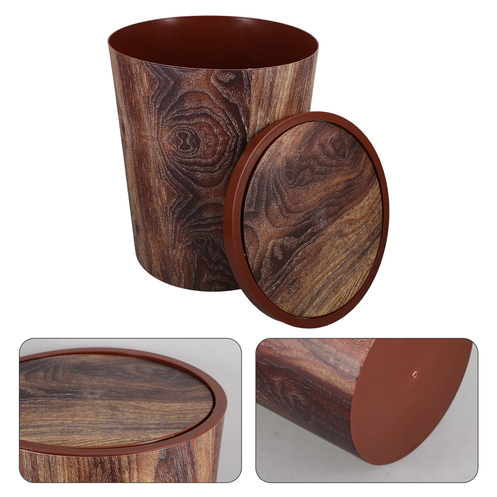 Compact Size Imitation Wood Trash Can Rotating Lid Bathroom Waste Bin Home Office Hotel Kitchen Garbage Can Bedroom Bin with Lid
