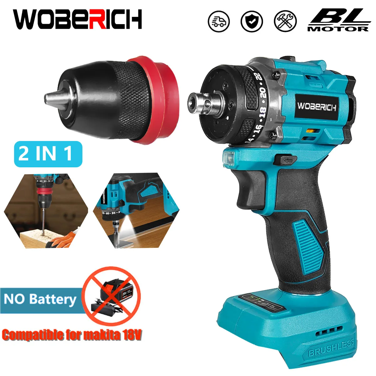 2 in1 Brushless Electric Screwdriver Hammer Cordless Drill Impact Multifunctional Power Tool(No battery) For Makita 18V Battery