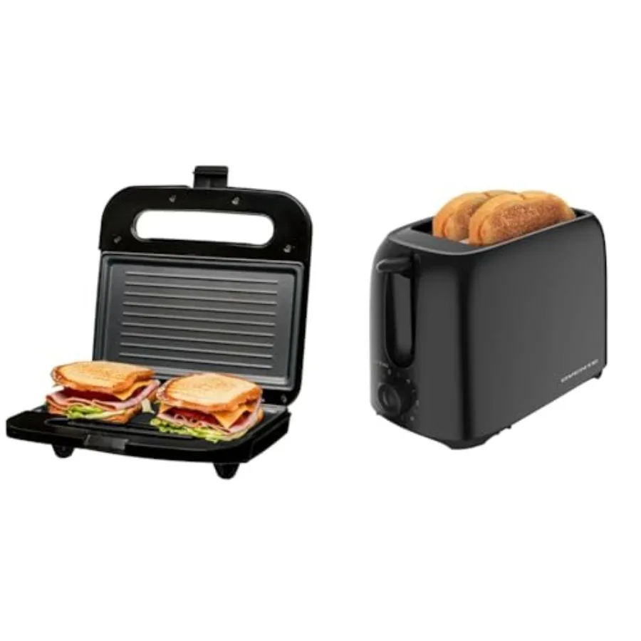 Prensa para Panini de 750W y Tostadora de 2 Rebanadas de 700W - Set de Máquina para Hacer Sándwiches y Tostadora