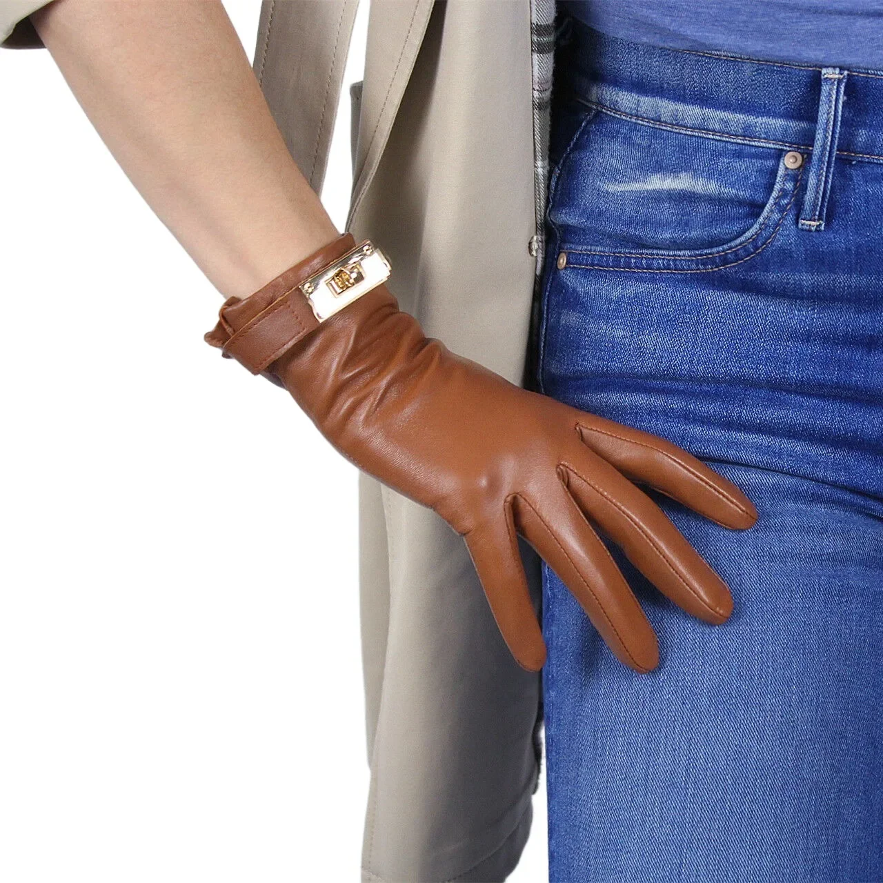 

DooWay Women's Leather Short Gloves Brown Genuine Lambskin Sheepskin Golden Button Lock Closure Fashion Costume Winter Glove