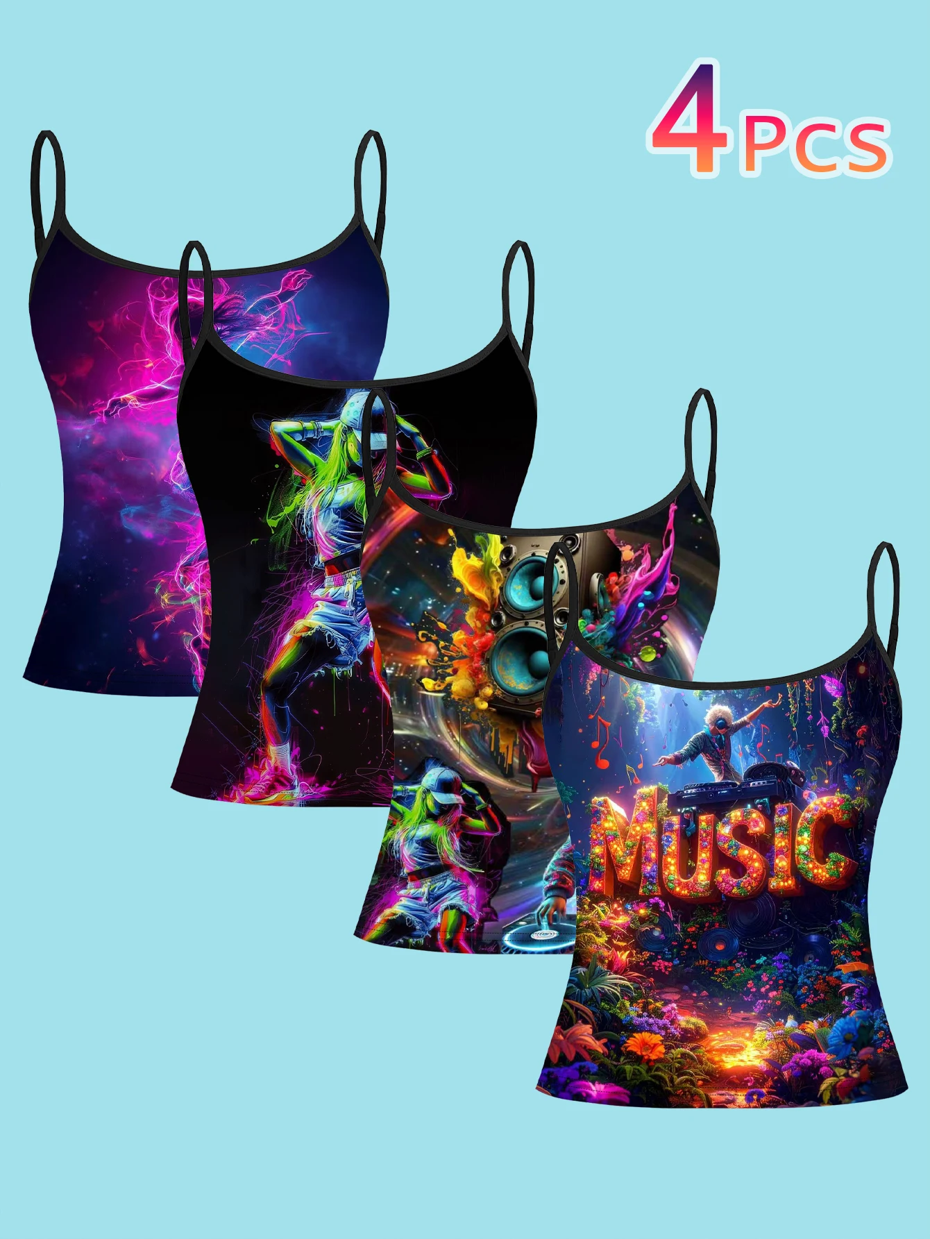 4-Piece Set of Neon Electronic Music Dj Character Print Camisoles, Cyber Colorful Fluorescent Dancing Girl Audio-Themed Slim-Fit Spaghetti Strap Sleeveless Tops for Women, Suitable for Outerwear or Layering