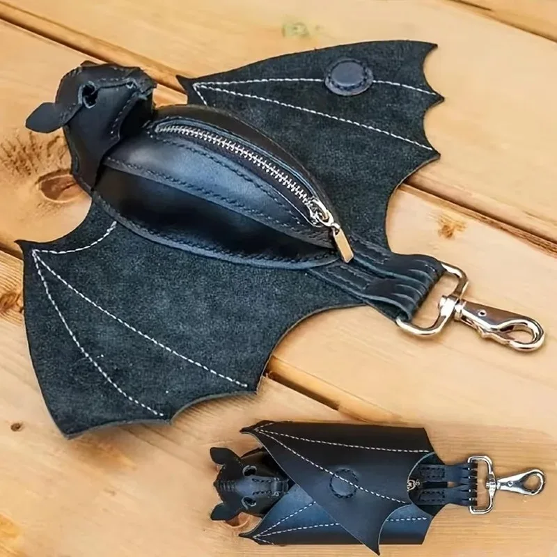 Bat Coin Purse PU Leather Bat Gothic Bag Keychain Change Purse with Foldable Wings for Shopping Travel Work School Events