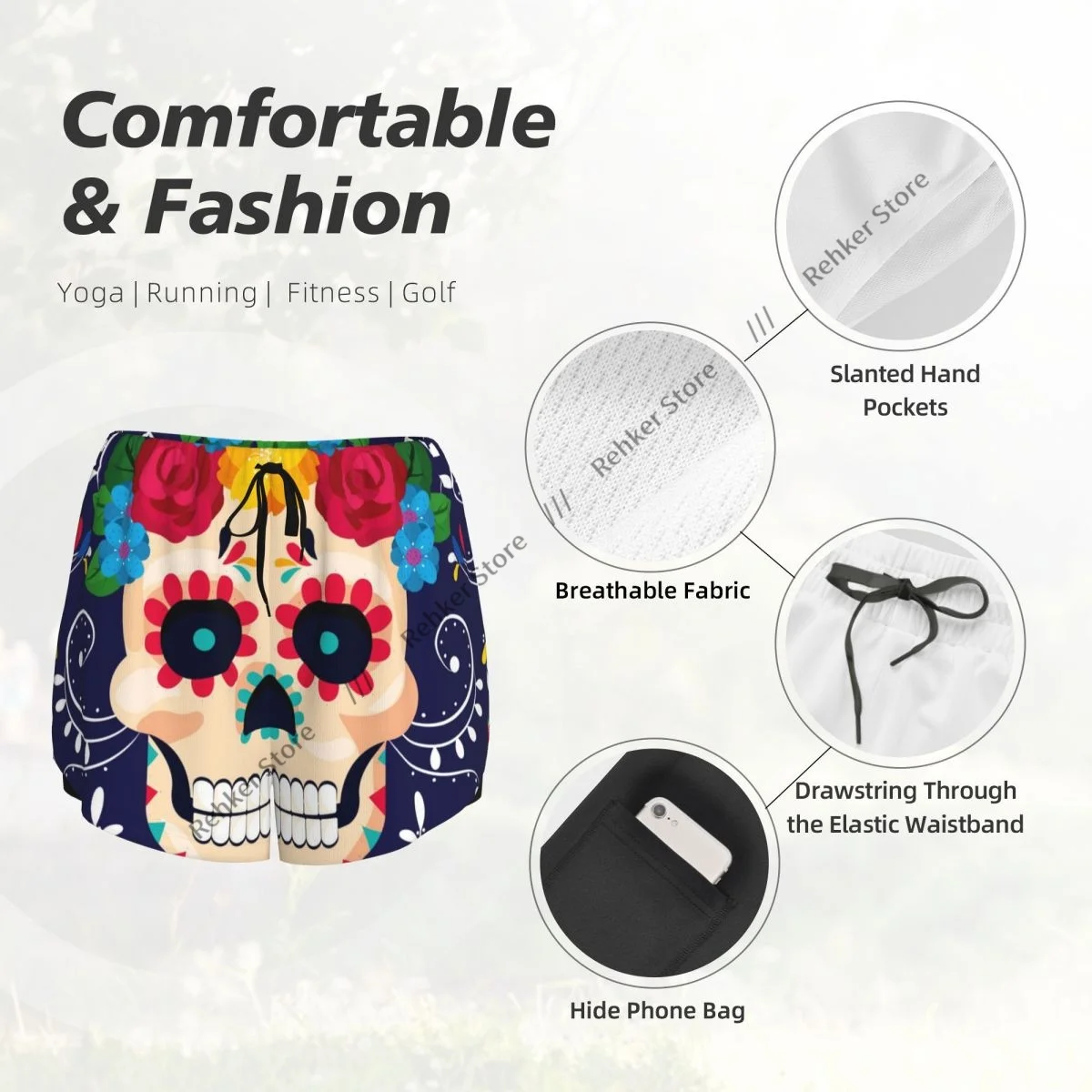 운동 반바지 여성 피트니스 빠른 건조 더블 레이어 반바지 해골 꽃 멕시코 운동 요가 짧은 바지 체육관 레깅스