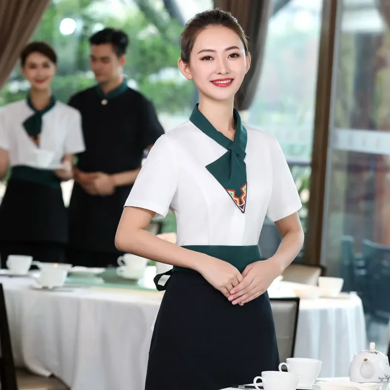 Uniforme de serveur de Restaurant à manches courtes pour femmes, vêtements de travail de Service alimentaire d'hôtel, veste de cuisine de café Kichen, vêtements de travail