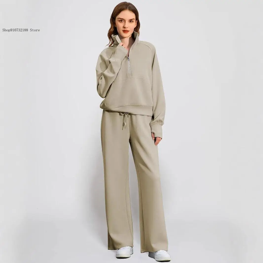 European and American Spring and Autumn Half Zipper Sports Shirt Wide Leg Sports Pants Casual Set Two Piece Set for Women