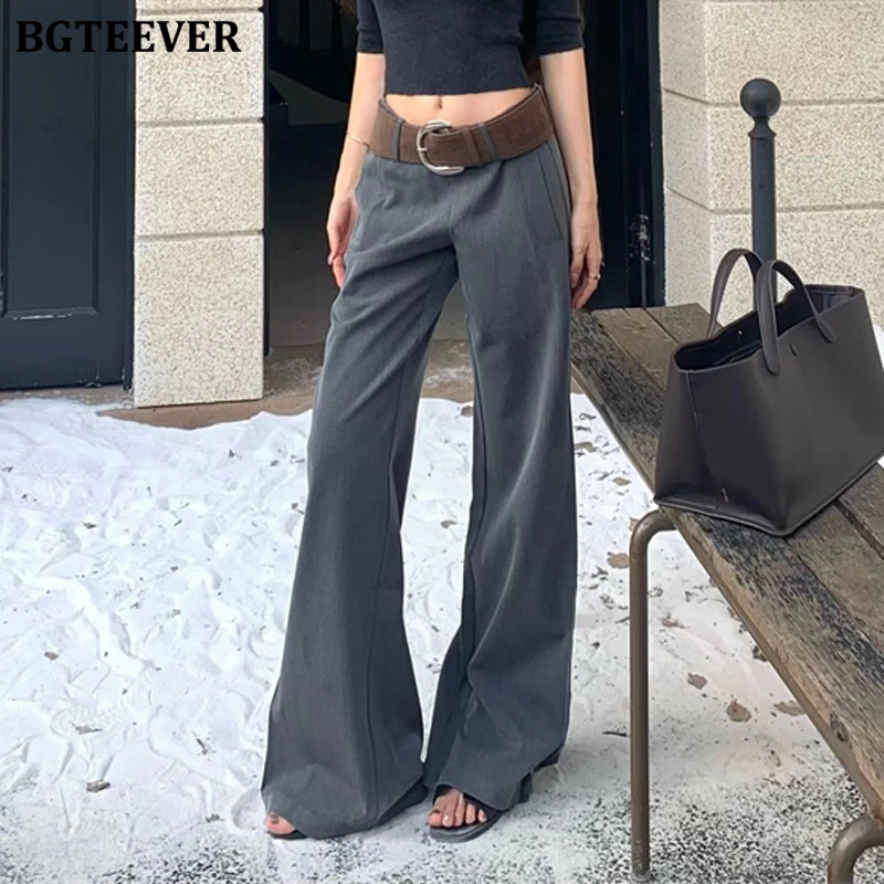 BGTEEVER Stylish High Waist Floor-Length Ladies Solid Suit Pants Autumn Winter Elegant Loose Pockets Female Wide Leg Trousers