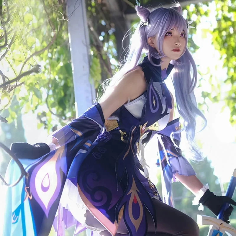 Genshin impacto keqing cosplay acessórios do traje perucas conjunto completo roxo vestido de luxo uniforme terno para meninas presente