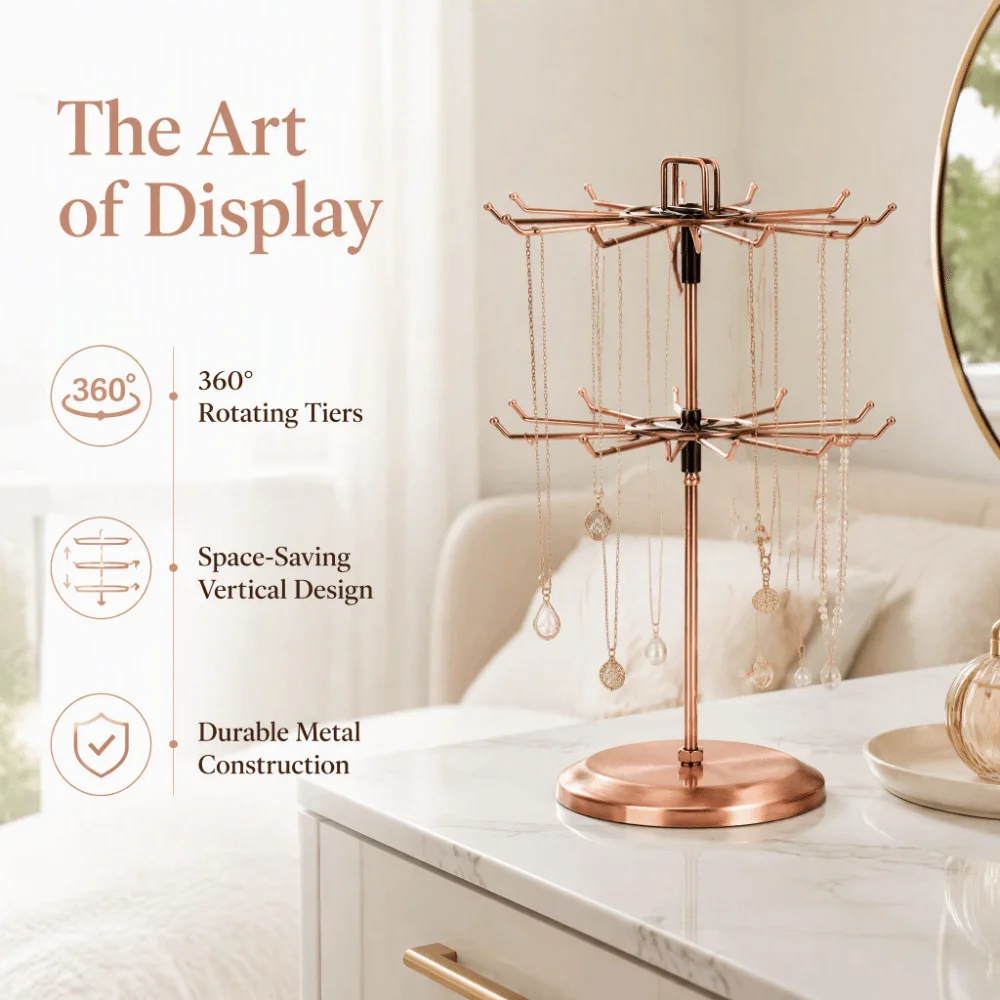 2-Tier Design Jewelry Organizer Stand Iron Material Rotatable Rotating Jewelry Holder Round Shape Hooks Included