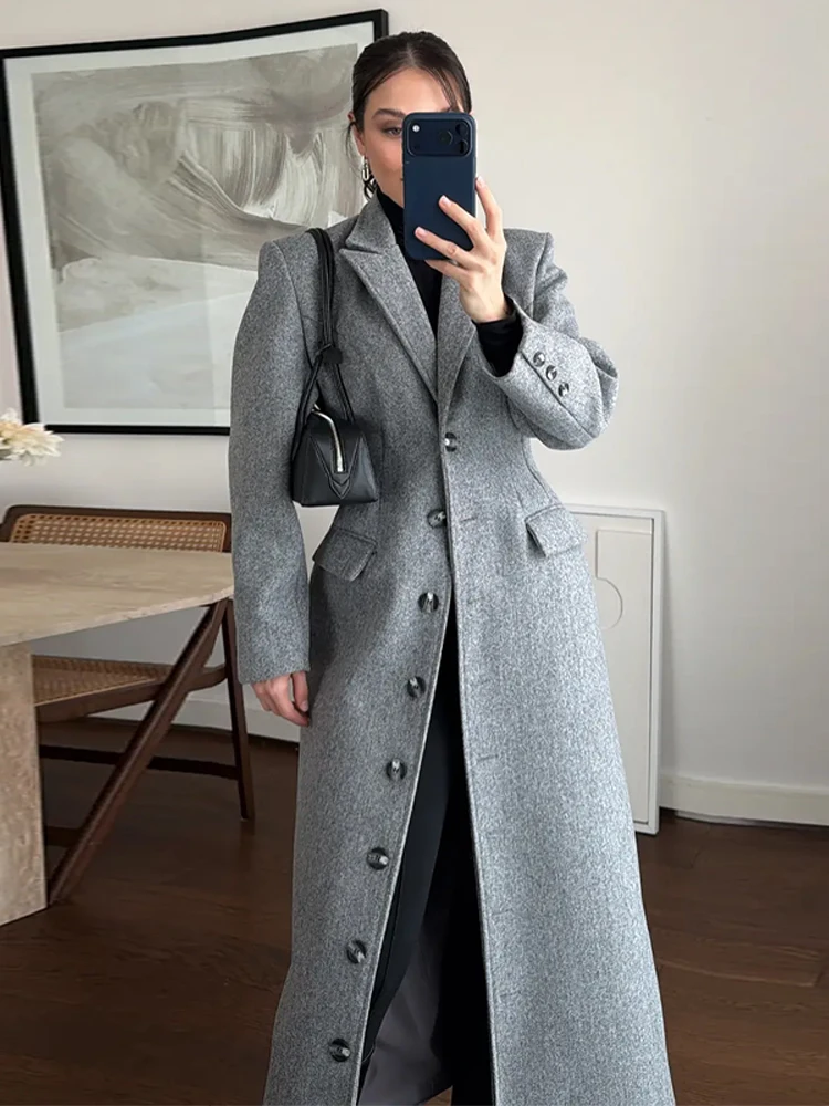 

Новое женское шерстяное пальто с приталенным силуэтом, отложным воротником, однобортное, с подплечниками, длинное, для повседневной носки, 2026