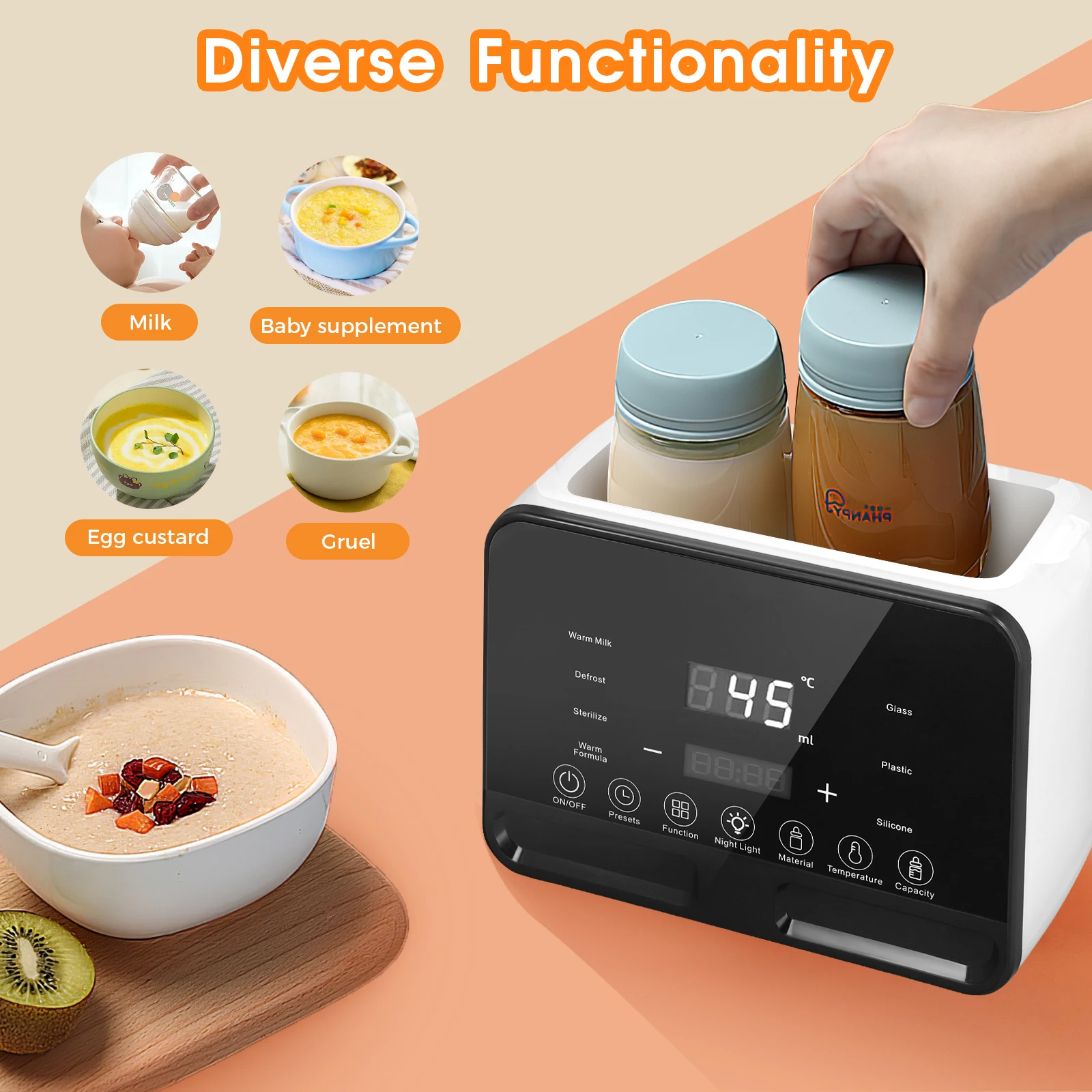 9 in 1 Milk Warmer Dual Bottle Multi-Function Steriliser LCD Display Nightlight Temperature Control Food Defrosting/Warming