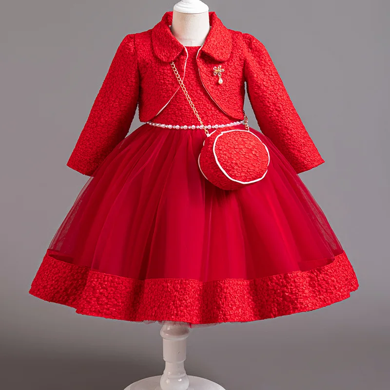 Spring Flower Girl Elegant Dresses for Wedding Girls’ Formal Dress with Bag 3 PC Set Long Sleeve Kids' Clothes 3 to 12 Years image 5