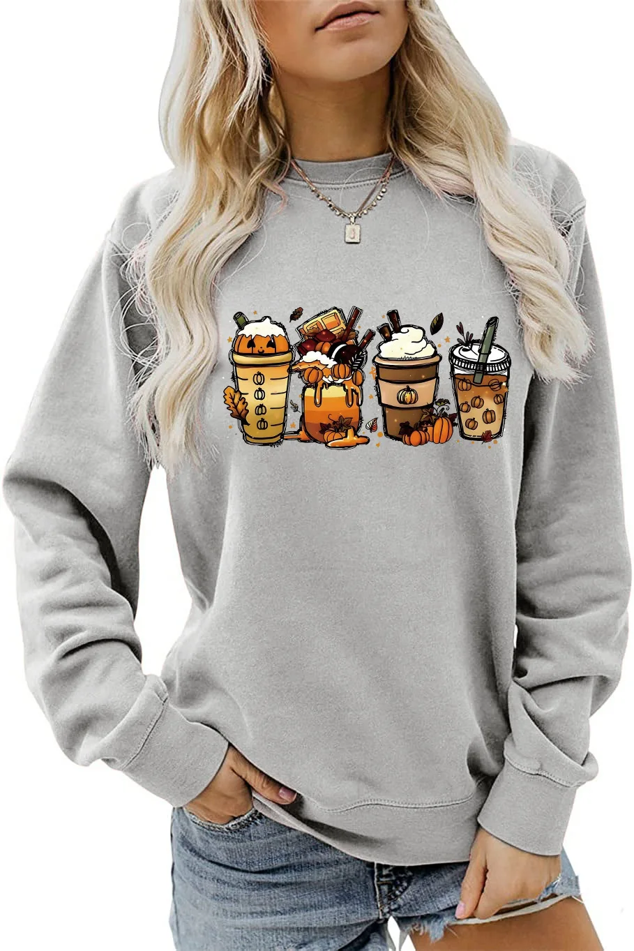 Ladies Halloween Ice Cream Pumpkin Print Casual Ladies Long Sleeve Sweatshirt Men's and Women's Unisex Tops Couple's Clothing