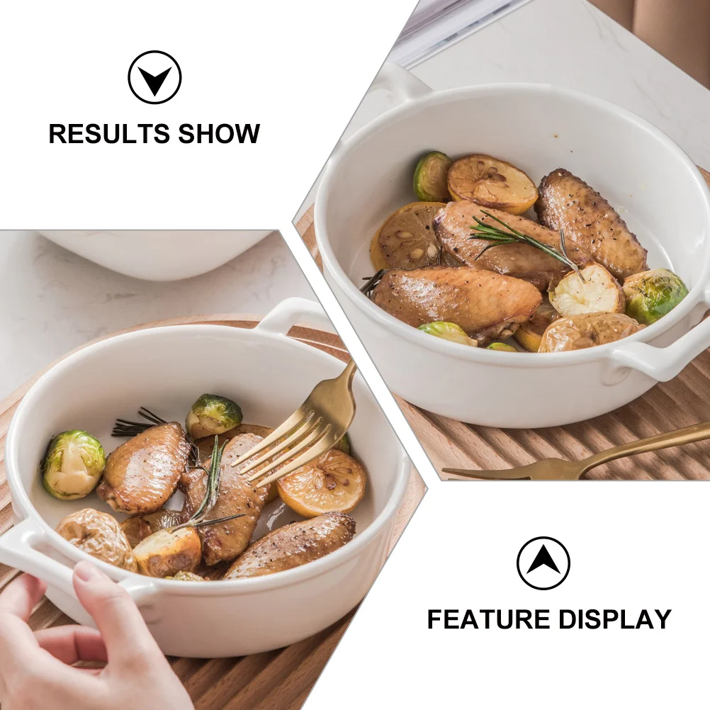 

9 Inch White Ceramic Bowl with Two Handles Large Soup Noodle Dish for Hot Cold Foods Scratch Resistant Easy Clean Household