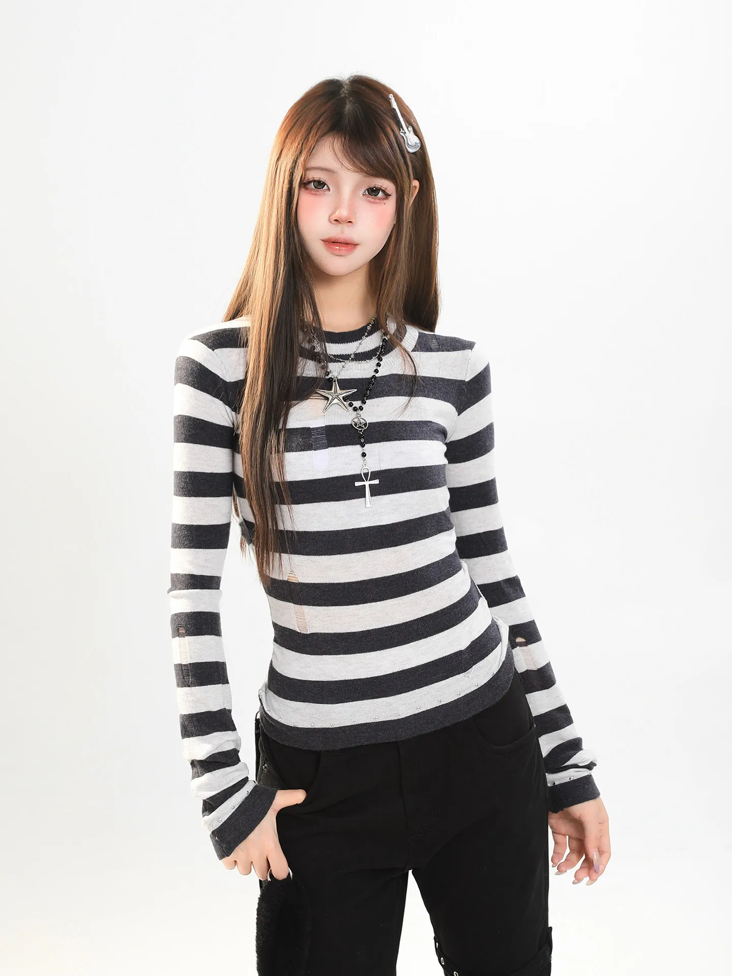 

American Retro Striped Long Sleeve T-Shirt Women's Casual Slim Fit round Neck Knitted Top Spring Season Fashion plus Size