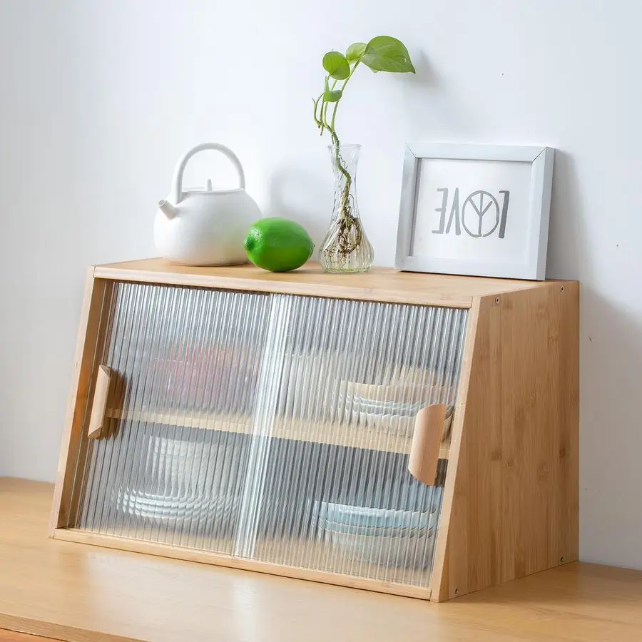 

Small Kitchen Pantry Cabinet, Bamboo Sideboard with Glass Doors, Cupboard Food Pantry Cabinet for Kitchen, Living Room and Dinn