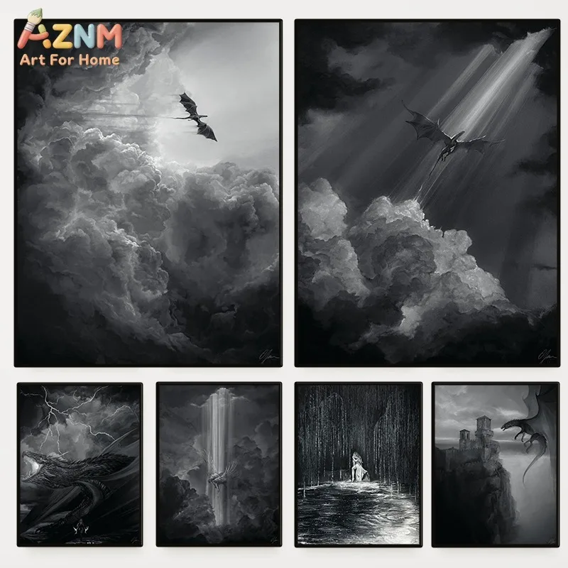 AZNM Black White Fantasy Dragon Frameless Canvas Wall Art, Dark Clouds Medieval Castle Print for Home Decor