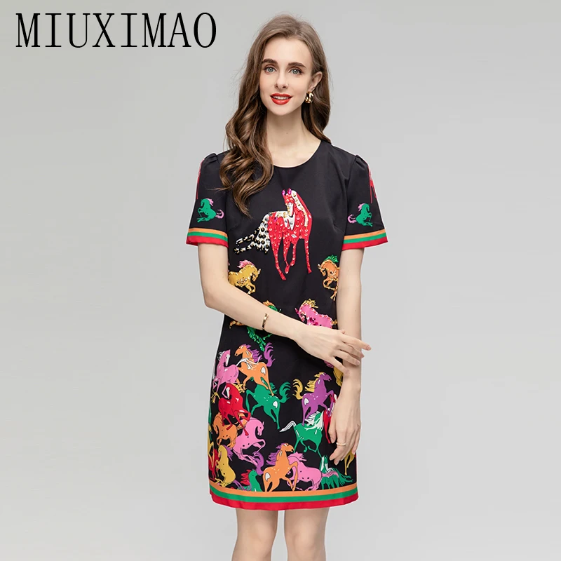 

MIUXIMAO 2023 Fall Dress Newest Arrival Fashion Short Sleeve Horse Print Flower Diamonds Dress Women Vestidos Party Dress