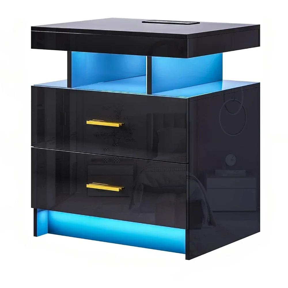 Auto LED Nightstand com estação de carregamento sem fio e portas USB, alto brilho mesas de cabeceira com 2 gavetas, flutuante Nightstand