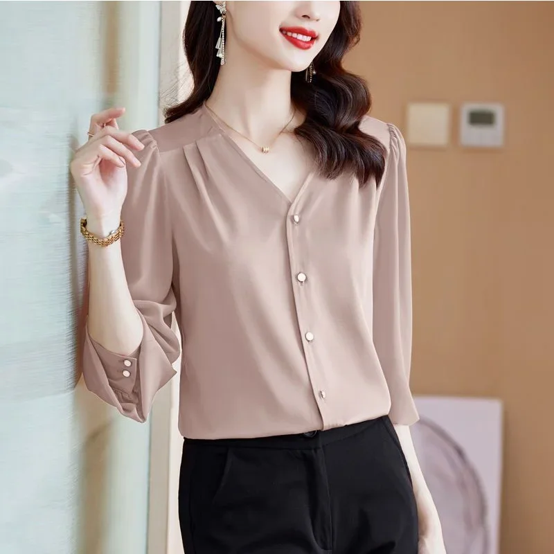 Neue Sommer elegante Mode einfarbig Retro koreanischen Stil Damen hemd ästhetische lose Büro Dame V-Ausschnitt 3/4 Ärmel Tops B671