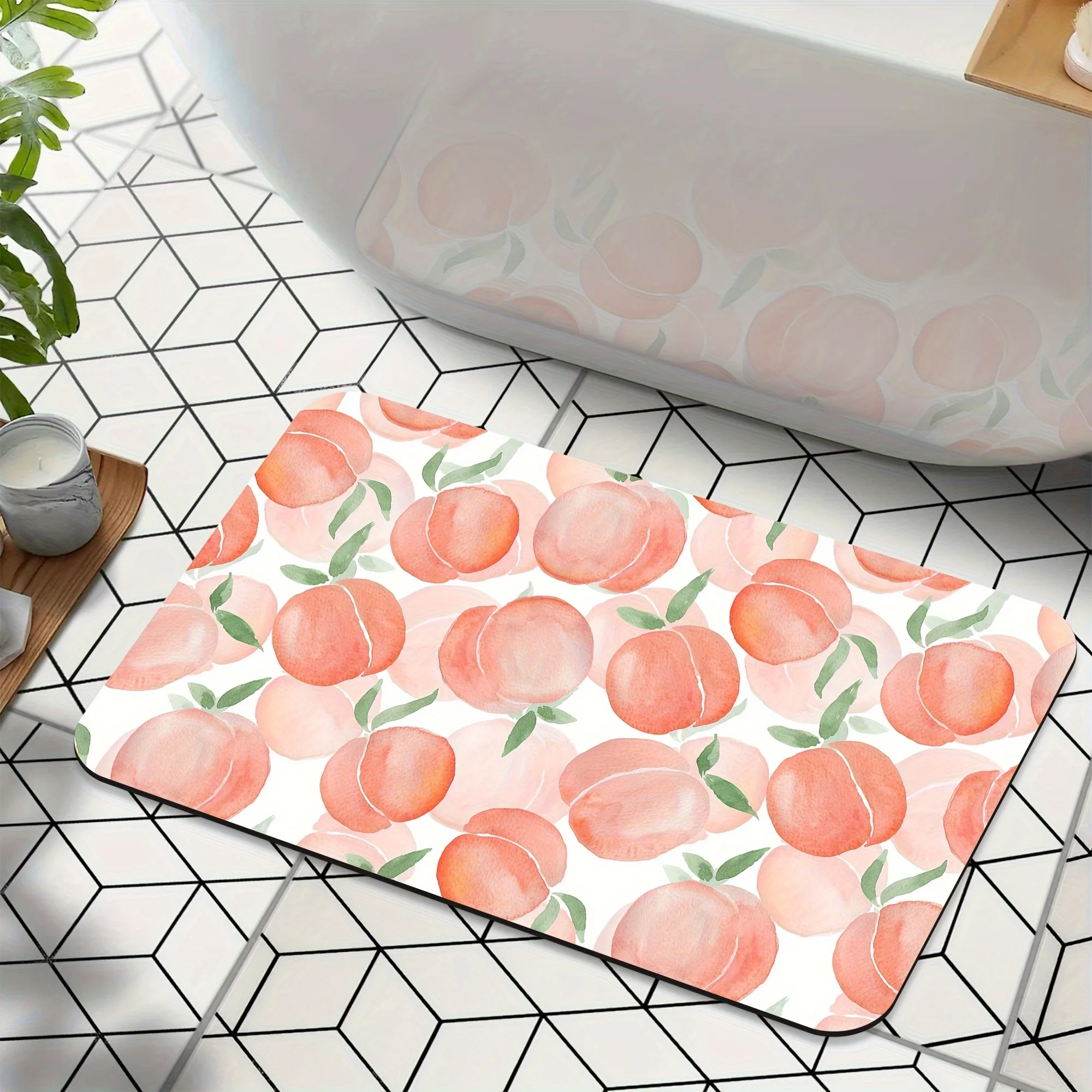1pc Watercolor peach pattern doormat, polyester fabric, machine washable, suitable for bathrooms and bedrooms.