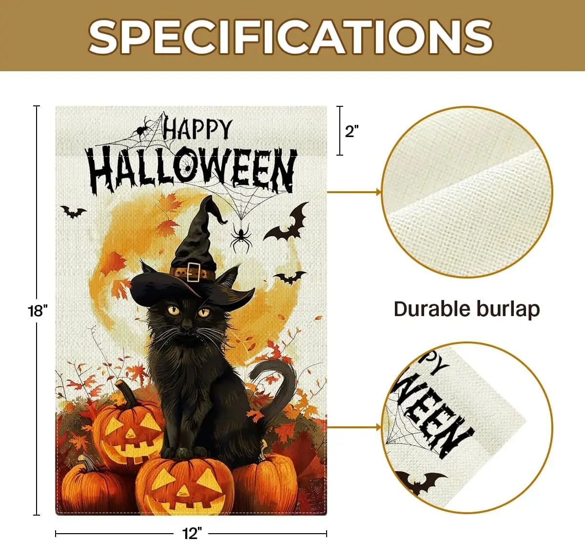 علم حديقة اليقطين للهالوين مزدوج الجوانب، علم ساحة الخيش للقطط السوداء للهالوين السعيد، ديكورات الهالوين الخارجية، Garde FFI