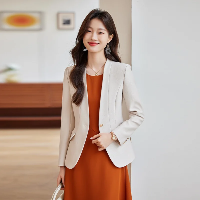 سترة متعددة الاستخدامات لربيع وخريف 2025 بدون ياقة ملابس احترافية ملابس عمل نسائية بدلة تنورة نسائية سترة معطف راقية لـ