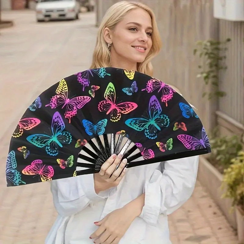 Colorful Rainbow Butterfly Folding Hand Fan Black Background Large Foldable Fabric Fan Lightweight Handheld Fan for Party