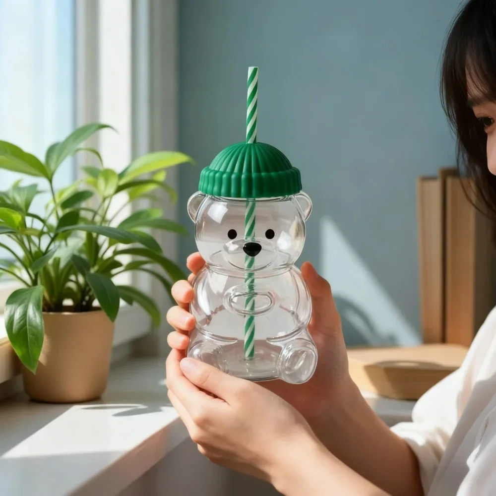 

2025 New Transparent Bear Glass Bottle - Green Lid and Straw Cup Cute Animal Beverage Cup,Holiday gift, Christmas gift