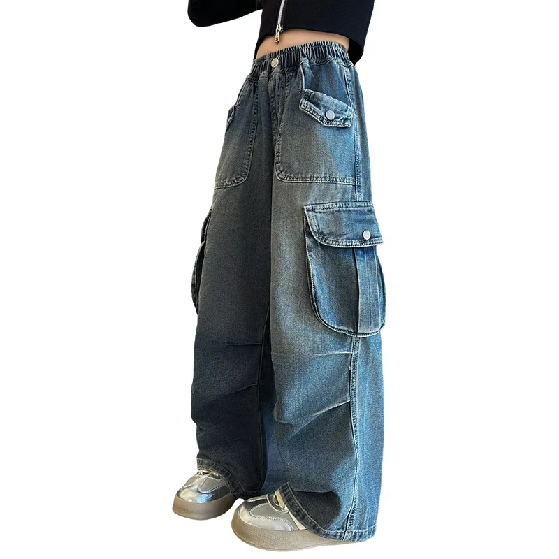 2026 Hot Sale Wide Leg Trousers Teenage Girls Jeans with Big Pocket Four Seasons High Waist Fashion Blue Cargo Denim Pants