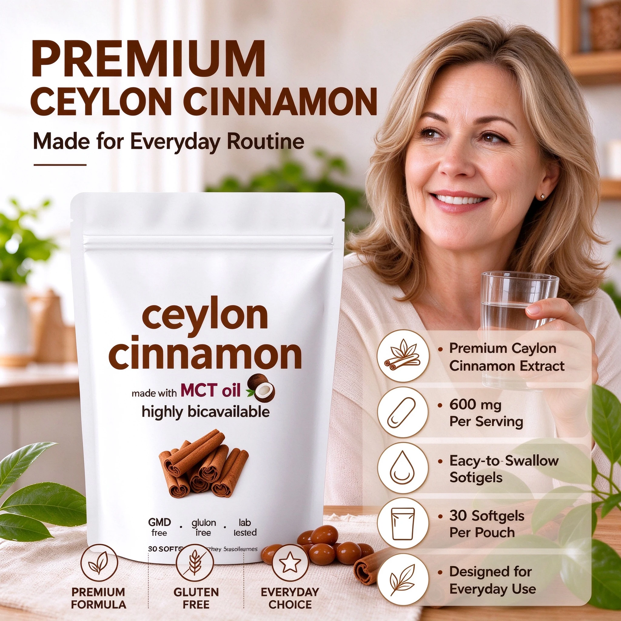 Ceylon Cinnamon Softgels Herbal Support Blood Sugar Control Coconut Oil Extract Non-GMO Dietary Supplement Vegetarian 30 Counts