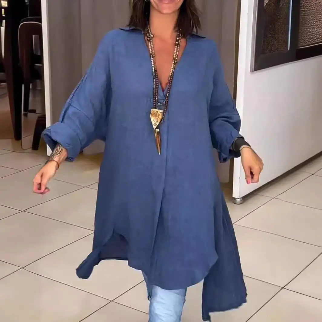 

Casual Cotton Linen Ladies Summer Shirt Dress 2024 New Style Asymmetrical Hem Loose Fit Polyester Material Seven Sleeve Length