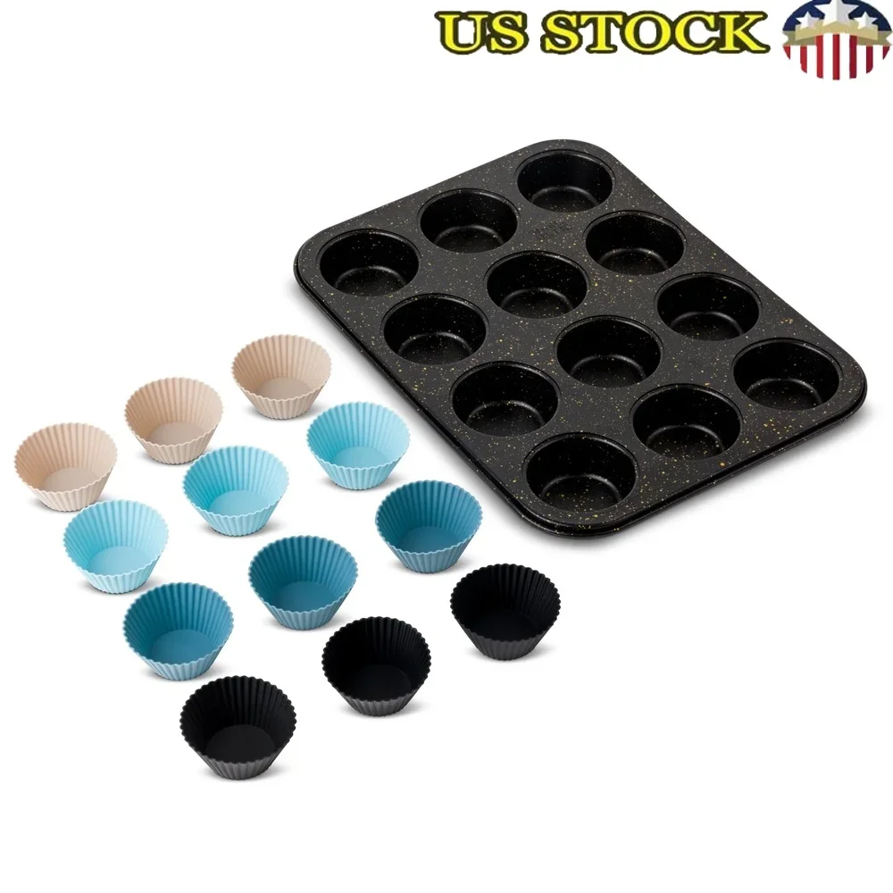 

12 Cup Nonstick Muffin Pan with Silicone Baking Cups Durable Bakeware Easy Cleanup Oven Microwave Safe Eco-Friendly Reusable