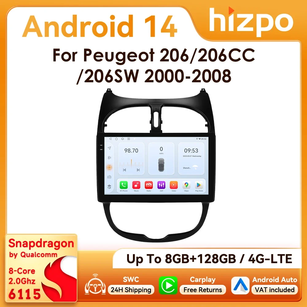 Hizpo 2Din 9 Zoll Android14 Autoradio für Peugeot 206 206SW 206CC 2001–2008 Snapdragon 6115 Auto CarPlay 4G BT RDS GPS 360 ° CAM