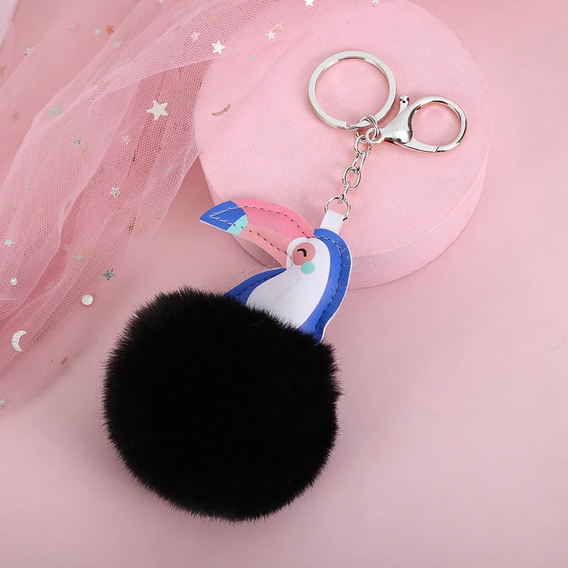 Fluffy Rabbit Fur Ball Pompom Toucans Keychain For Women Plush Leather Bird On Bag Car Trinket Wedding Party Girl
