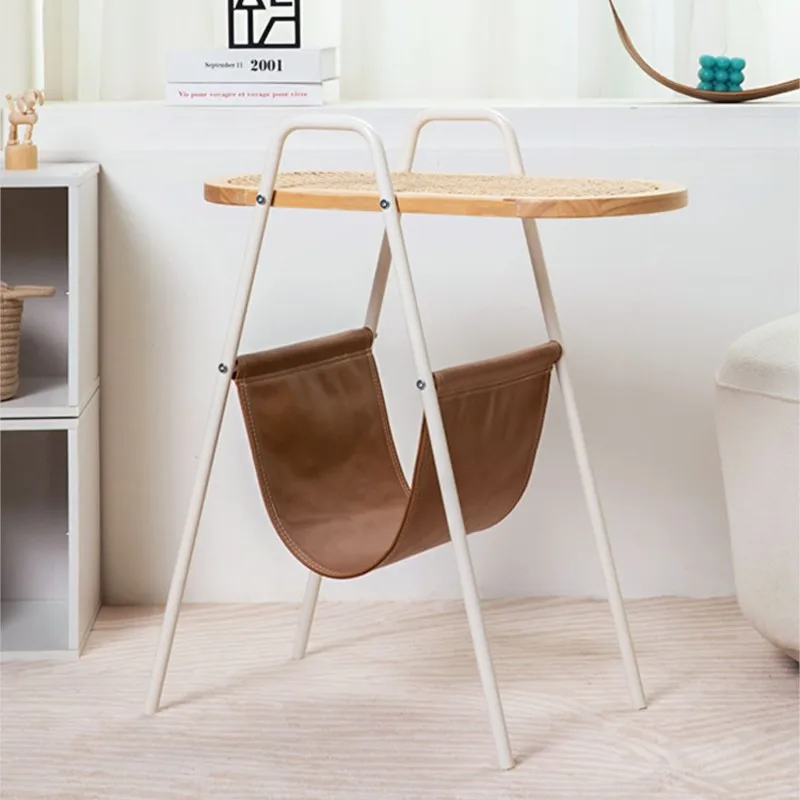 MOMO Nordic Rattan Side Table Saddle Leather Solid Wood Small Coffee Table Table Ins Living Room Japanese Round Corner Table