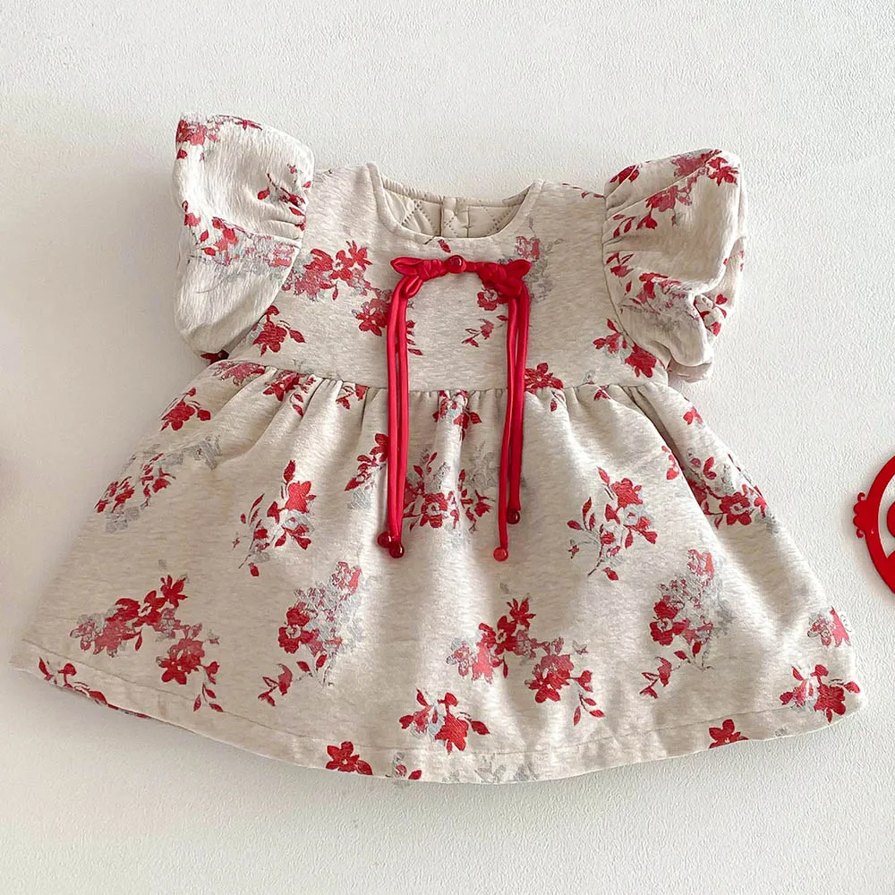 

Chinese New Year Girl Dress Floral Flying Sleeve Winter Warm Quilted Princess Children Clothing Vintage Christmas Kids Dresses