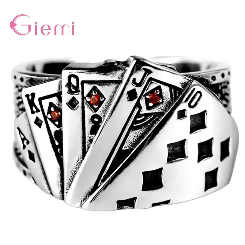 Genuine 925 Sterling Silver Straight Flush Playing Card Pattern Open Finger Rings For Women Wedding Party Korea Style Jewelry