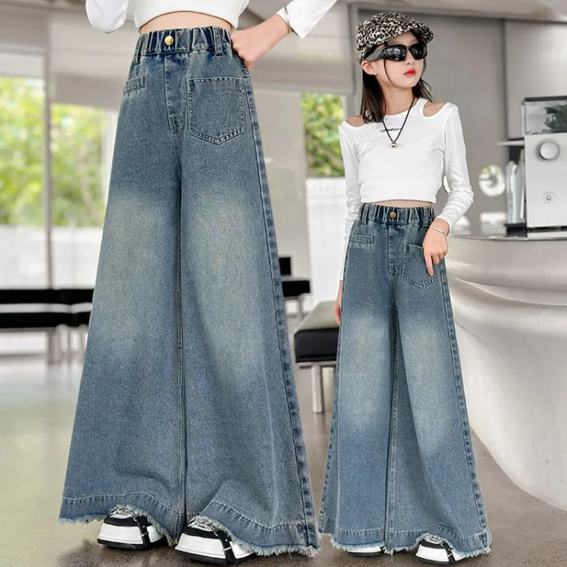 

Осенние детские широкие джинсы для девочек, модные повседневные детские свободные джинсовые брюки с высокой талией, одежда для подростков, одежда для малышей