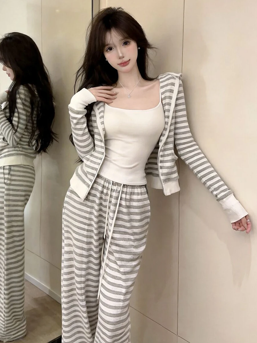 Korean Style Casual Fashion Hooded Color Block Striped Long Sleeve Top And Wide Leg Pants Set Women's Autumn Spring Wear