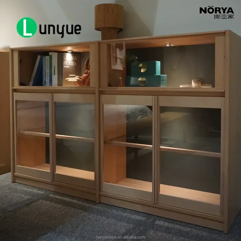 Modern Glass Medium Height Cabinet with Gas Spring Lifting Light Wood Display Storage for Living Room Kitchen Furniture