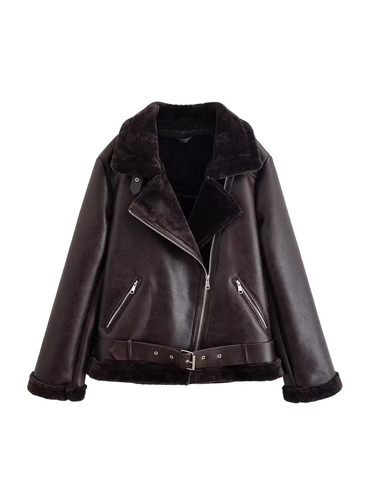 

Новая женская модная и универсальная однотонная мотоциклетная дубленка в европейском стиле.