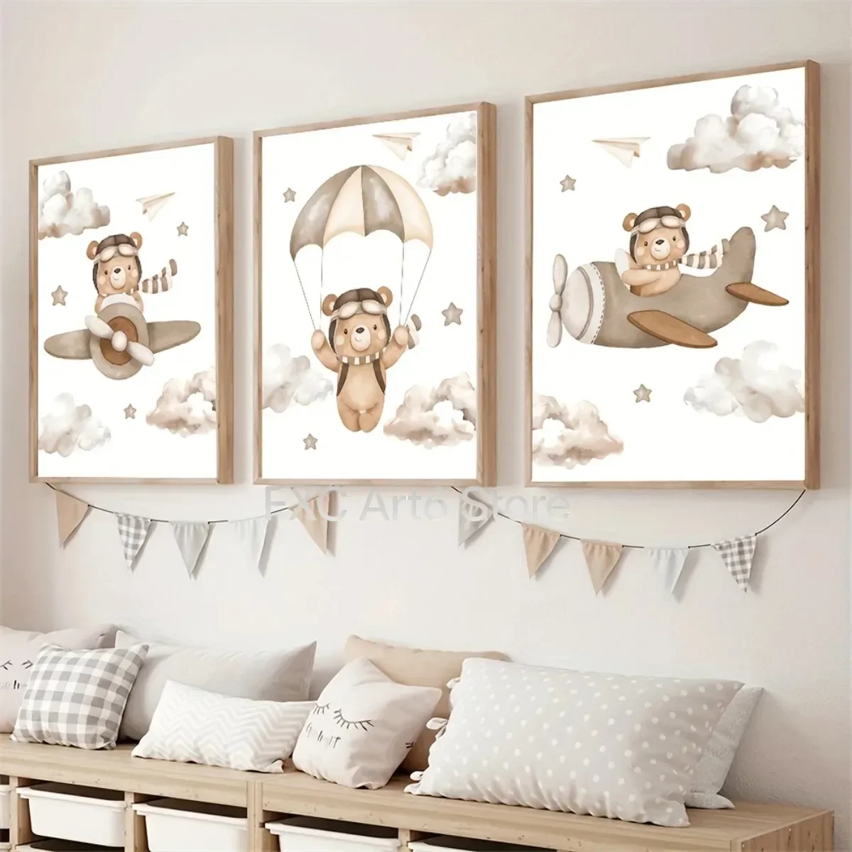 3pcs frameless -- Cartoon Animal Themed Canvas Print Poster Bears Parachute Clouds Abstract Art Print Bedroom Nursery Wall Art H