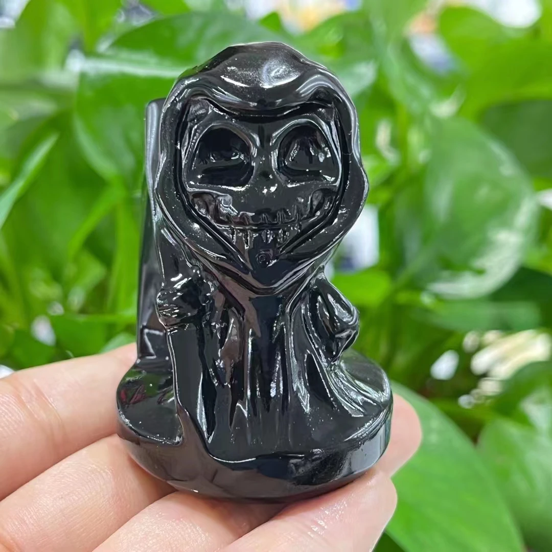 

53mm Natural Obsidian Death Crystal Quartz Hand Carved Cute Cartoon Hallowee Craft Home Decor Christmas Gifts