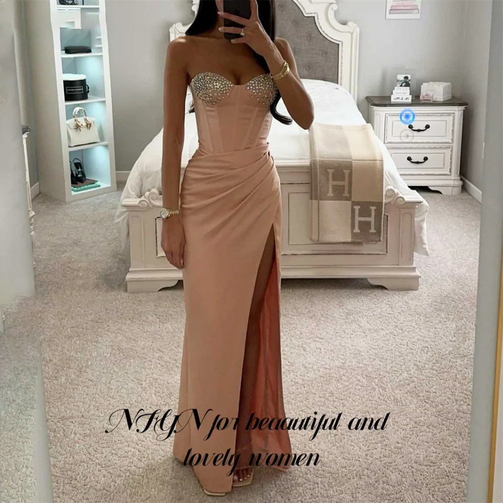 

NFYN Pink Mermiad Evening Dress Sleeveless Trumpet Party Dresses with Pleats Sweetheart Sexy Side Split Prom Dress Customized