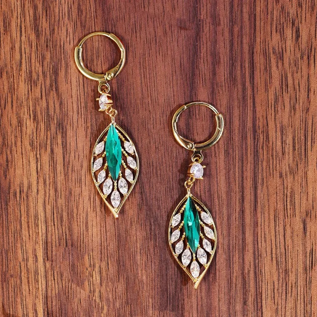 925 Silver Needle Korean Fashion Green Zircon Leaf Drop Earrings For Women Jewelry 2025 Trending New Luxury Women's Earrings
