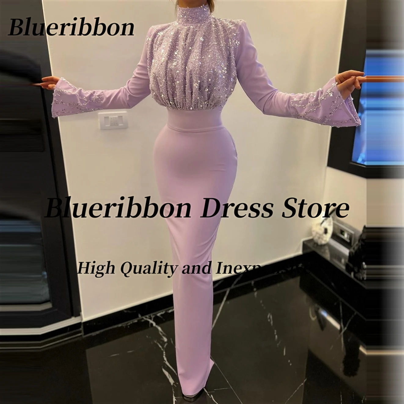 

Blueribbon High Collar Sequins Top Prom Dresses Long Sleeves Robe Des Cocktail Party Evening Dress Mermaid/Trumpet Gowns